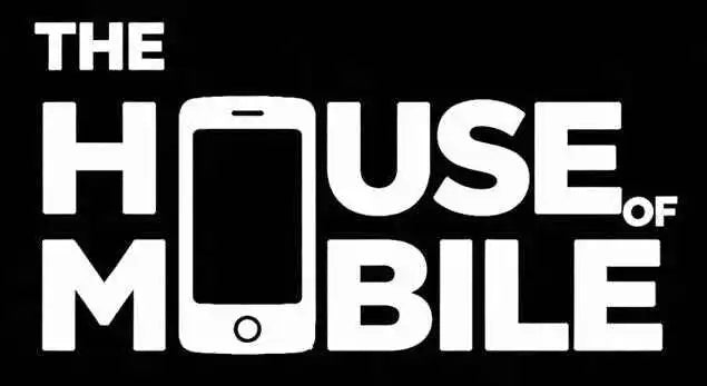 White logo with the words 'The House of Mobile' and a smartphone graphic on black background