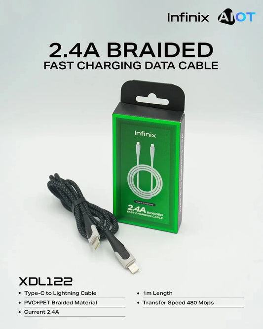 The 2.4A braided Infinix cable (XDL122A) is a durable, high-speed charging data cable